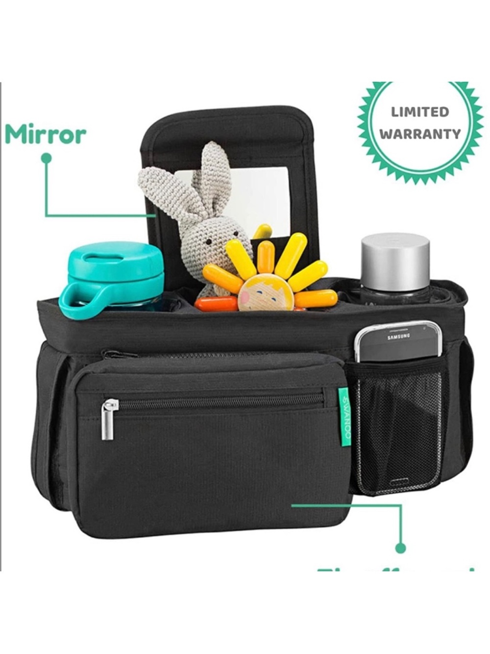 Black Swanoo Stroller Organizer with Multiple Pockets